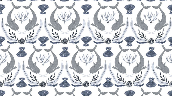 Into the Reef Narwhal Damask on White by Dear Stella