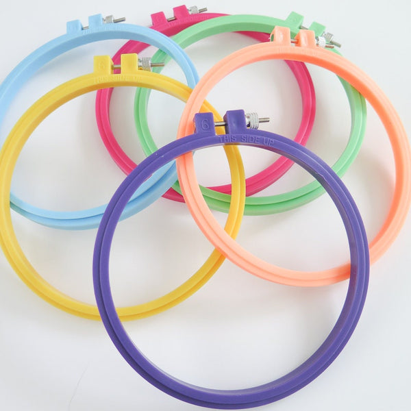Hoop-La 6 inch round embroidery hoops in purple, yellow, light blue, pink, orange and green SUSAN-BATES-14401-006
