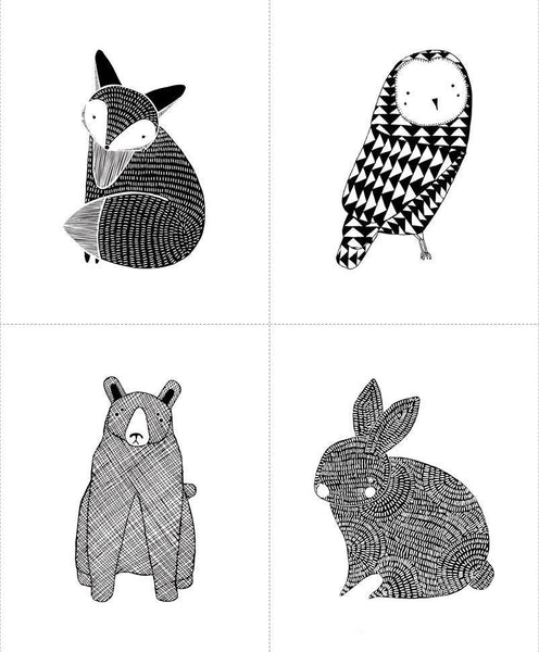 Thicket Critter Project Panel on Black and White by Gingiber for Moda Fabrics