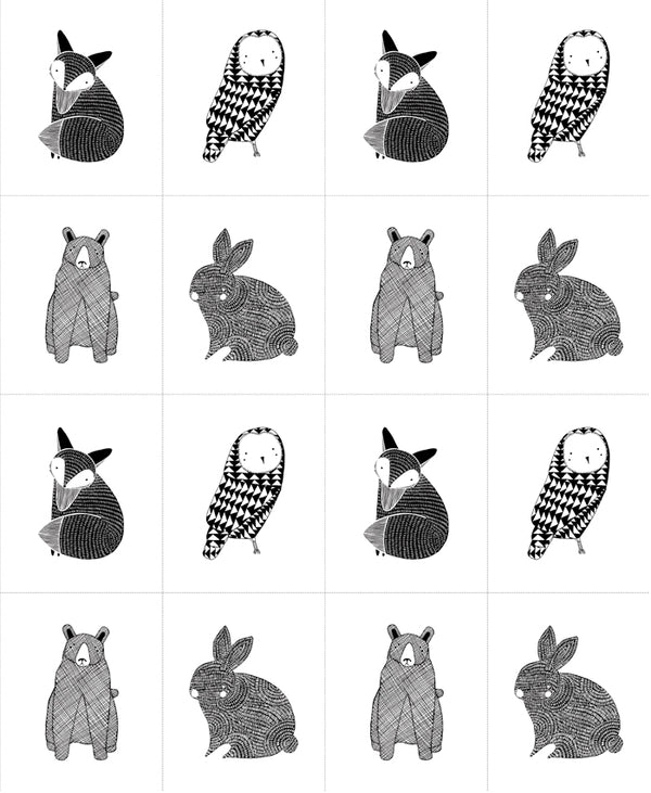 Thicket Little Critter Panel in Black and White by Gingiber for Moda Fabrics