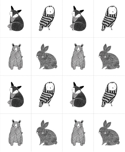 Thicket Little Critter Panel in Black and White by Gingiber for Moda Fabrics