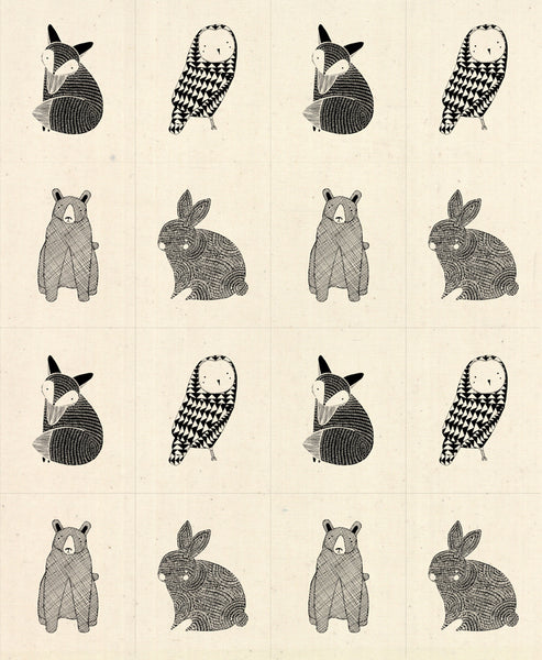 Thicket Little Critter Panel in Black and Natural by Gingiber for Moda Fabrics