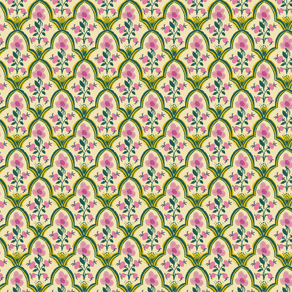Malibu Wood Block in Pink by Heather Ross, pink woodblock-style quilting cotton