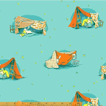 Lucky Rabbit Quilt Tent in Turquoise by Heather Ross, turquoise quilting cotton with cozy tent motif