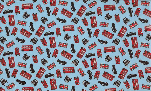 London Bus Scatter in Blue by The Henley Studio for Makower UK Fabrics