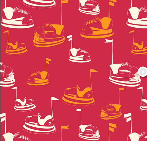 Asbury Bumper Cars on Red by Andover Fabrics