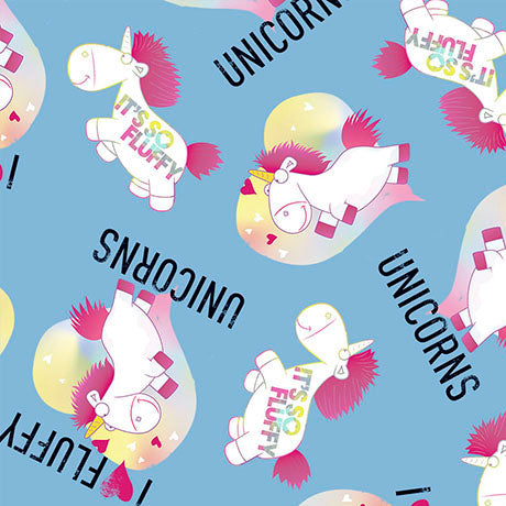 Best Family Ever I Love Fluffy Unicorns on Blue by Universal Studios for QT Fabrics