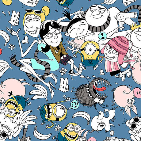 Best Family Ever Packed Graphic Characters on Wedgewood by Universal Studios for QT Fabrics