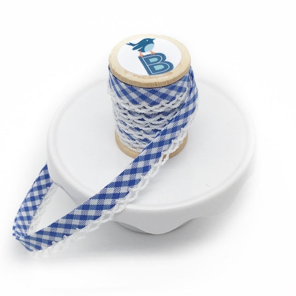 Bias Tape Double Fold Crocheted Edge in Gingham Mini Check Azulin