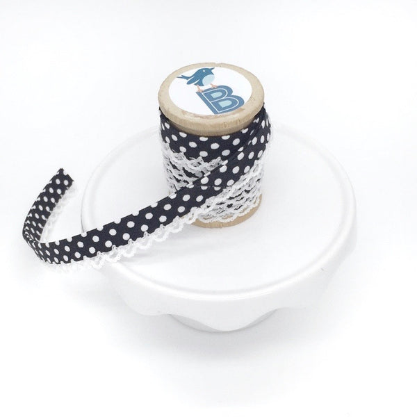 Bias Tape Double Fold Crocheted Edge in Polka Dot on Black