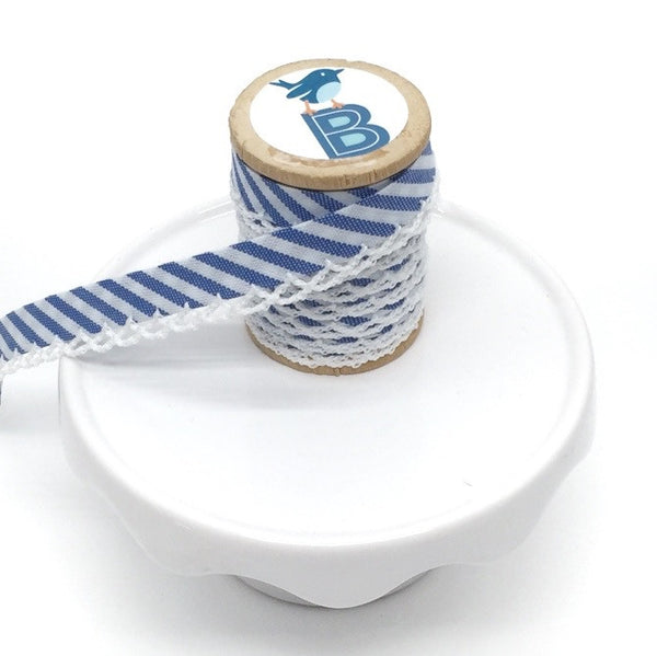 Bias Tape Double Fold Crocheted Edge in Gingham Stripe Azulin