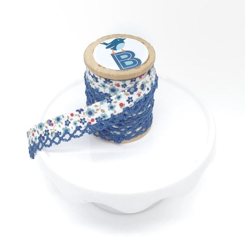 Bias Tape Double Fold Crocheted Edge in Floral Fancy Blue