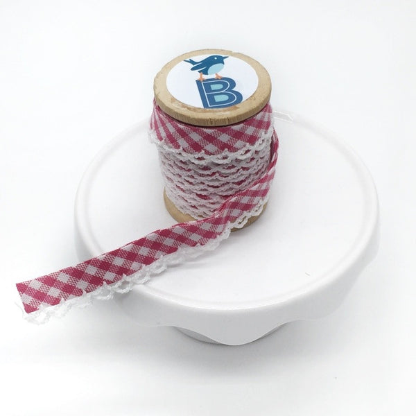 Bias Tape Double Fold Crocheted Edge in Gingham Mini Check Fuchsia
