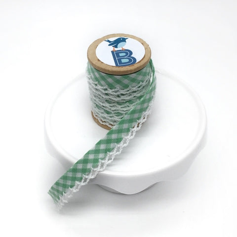 Bias Tape Double Fold Crocheted Edge in Gingham Mini Check Verde