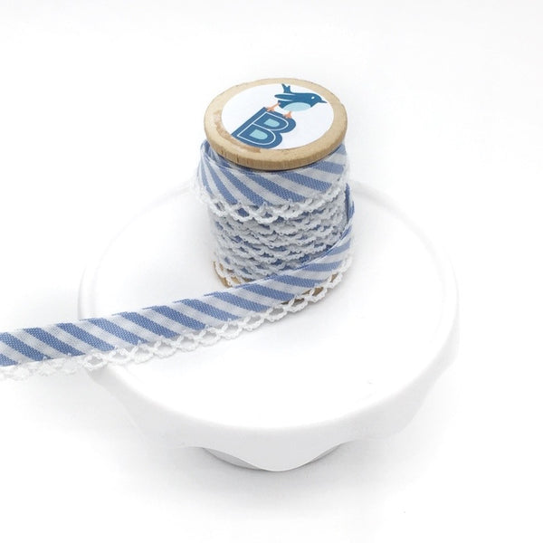 Bias Tape Double Fold Crocheted Edge in Gingham Stripe Celeste