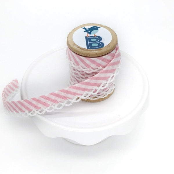 Bias Tape Double Fold Crocheted Edge in Gingham Stripe Rosa