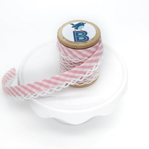 Bias Tape Double Fold Crocheted Edge in Gingham Stripe Rosa