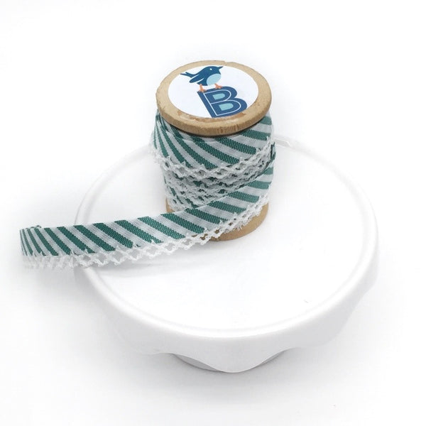 Bias Tape Double Fold Crocheted Edge in Gingham Stripe Verde