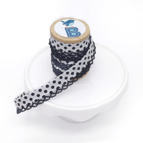 Bias Tape Double Fold Crocheted Edge in Black Polka Dot on White