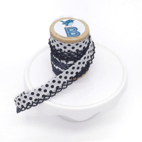 Bias Tape Double Fold Crocheted Edge in Black Polka Dot on White