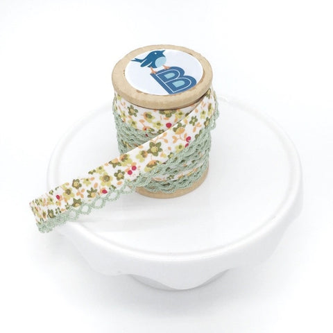 Bias Tape Double Fold Crocheted Edge in Floral Fancy Olive Green