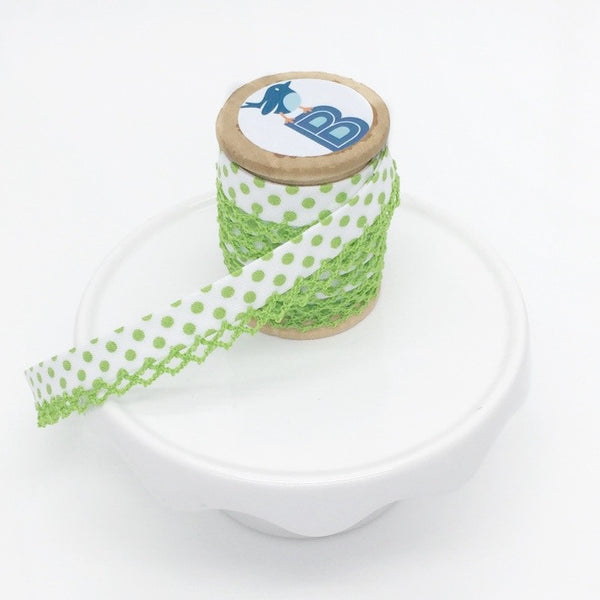 Bias Tape Double Fold Crocheted Edge in Polka Dot Pistachio on White