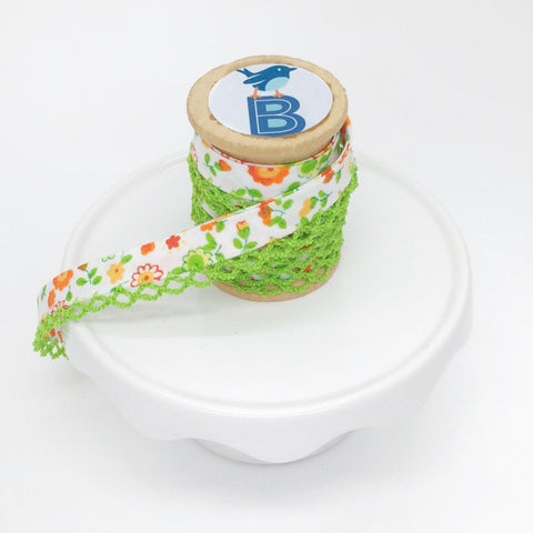 Bias Tape Double Fold Crocheted Edge in Regular Floral Green