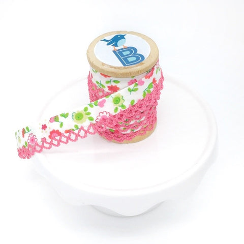 Bias Tape Double Fold Crocheted Edge in Regular Floral Hot Pink