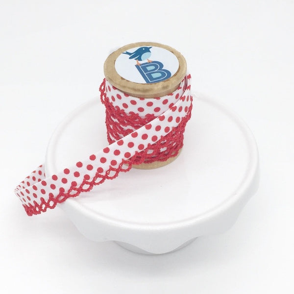 Bias Tape Double Fold Crocheted Edge in Polka Dot Rojo on White