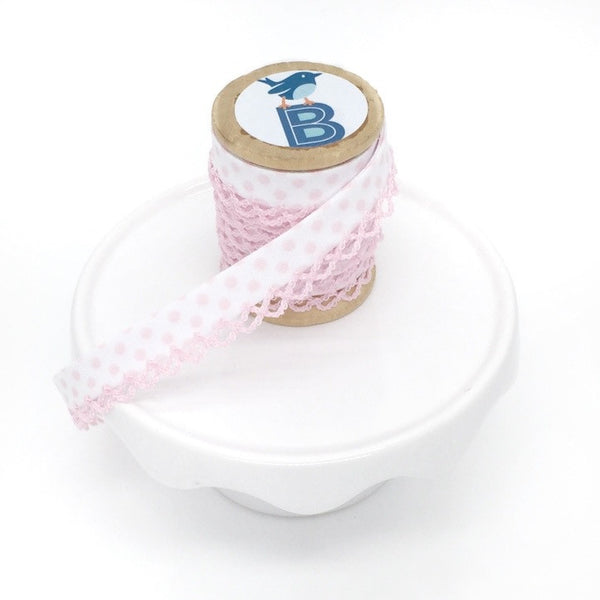Bias Tape Double Fold Crocheted Edge in Polka Dot light Pink on White