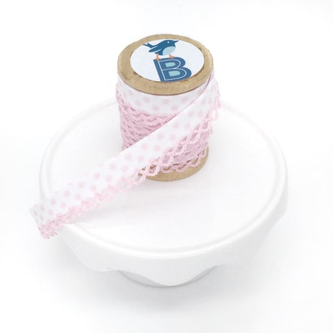 Bias Tape Double Fold Crocheted Edge in Polka Dot light Pink on White
