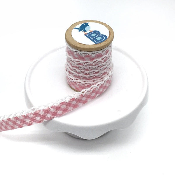 Bias Tape Double Fold Crocheted Edge in Gingham Mini Check Rosa