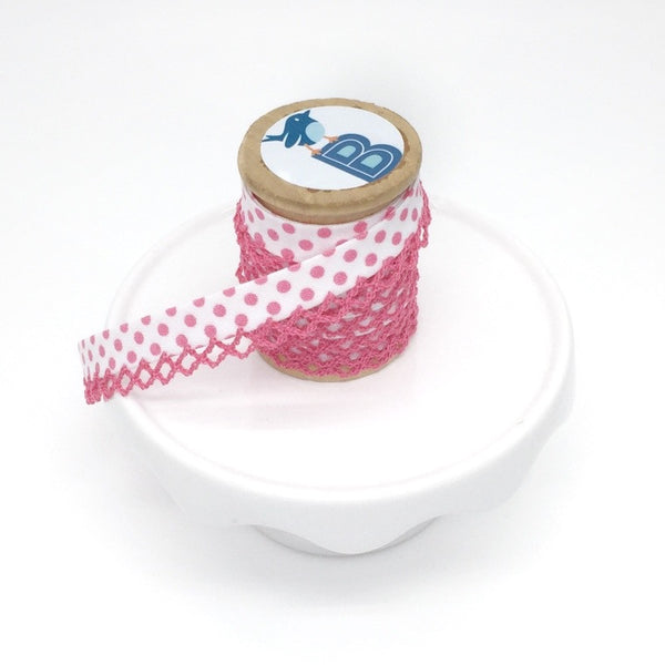 Bias Tape Double Fold Crocheted Edge in Polka Dot Rosa on White
