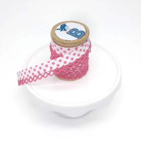 Bias Tape Double Fold Crocheted Edge in Polka Dot Rosa on White