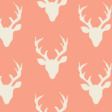 Buck Forest in Coral by Bonnie Christine, coral quilting cotton with rows of deer silhouettes