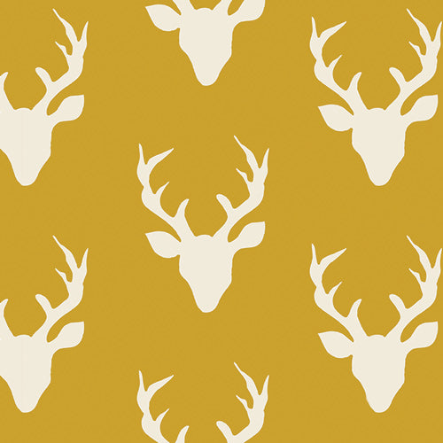 Buck Forest in Mustard by Bonnie Christine, mustard yellow quilting cotton with rows of deer silhouettes
