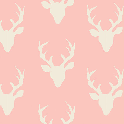 Buck Forest in Pink by Bonnie Christine, pink quilting cotton with rows of deer silhouettes