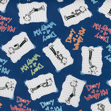 Diary of a Wimpy Kid Book Pages on Blue by Robert Kaufman Fabrics