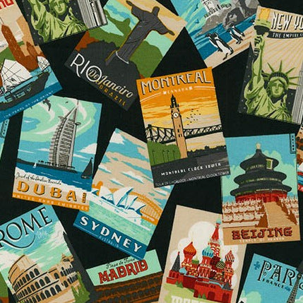 Dream Vacation Travel Posters in Vintage by Robert Kaufman Fabrics