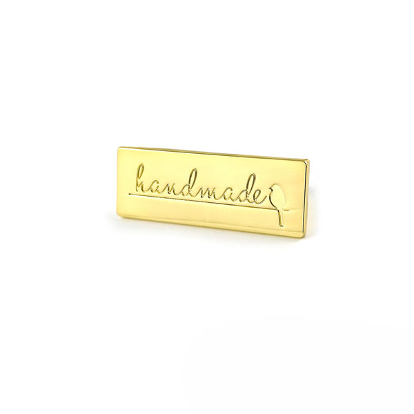 Metal Bag Label Handmade With Bird in Gold