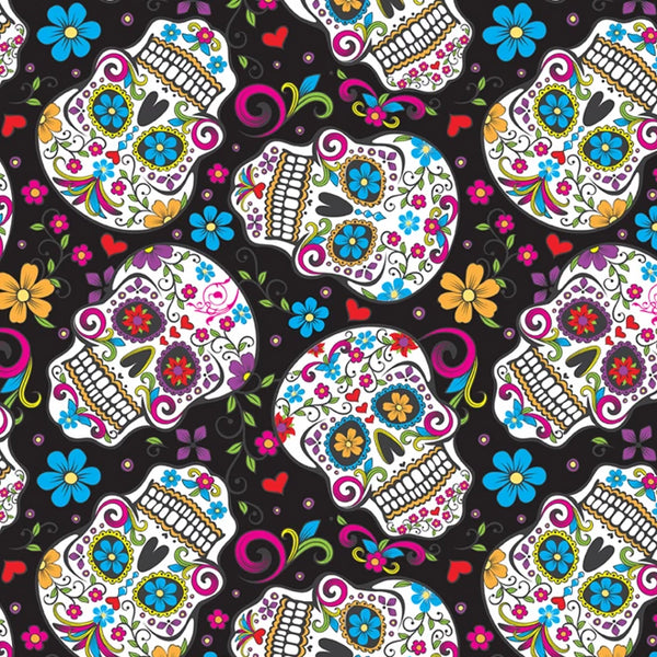 Folkloric Skulls on Black by David Textiles