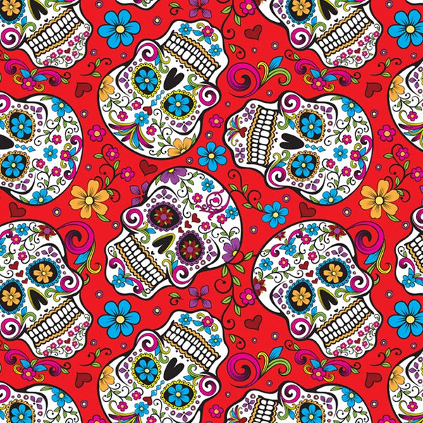 Folkloric Skulls on Red by David Textiles