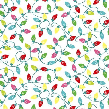 Frosty Flamingo Christmas Lights on White by Laura Berringer for Marcus Fabrics
