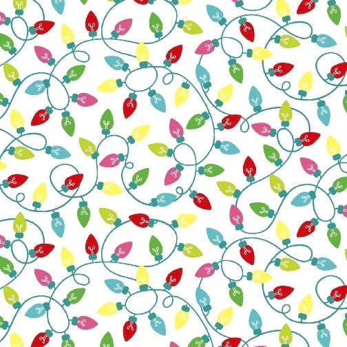 Frosty Flamingo Christmas Lights on White by Laura Berringer for Marcus Fabrics