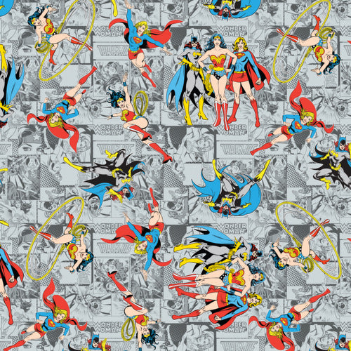 Girl Power II Comics on Gray by Camelot Fabrics