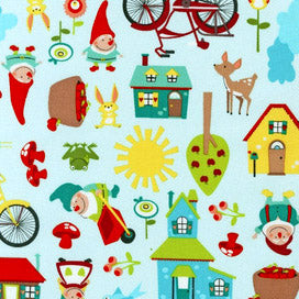 Gnome Living Happy Gnomes on Blue by Robert Kaufman Fabrics
