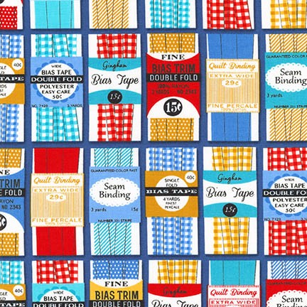 Grans Sewing Basket Vintage Bias Tape on Blue by Robert Kaufman Fabrics