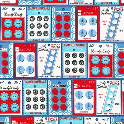 Grans Sewing Basket Vintage Buttons on Blue by Robert Kaufman Fabrics