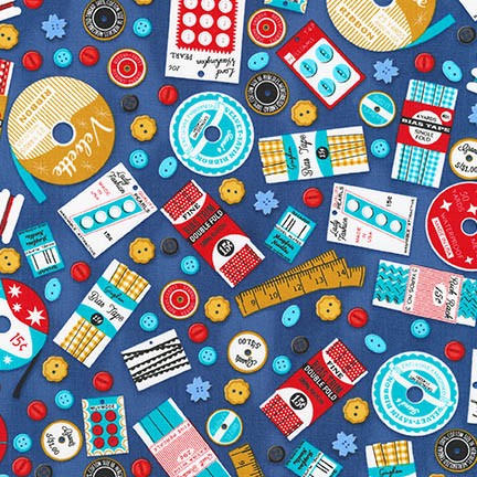 Grans Sewing Basket Vintage Notions Tossed on Blue