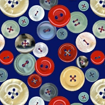 Handmade Buttons on Blue by Windham Fabrics